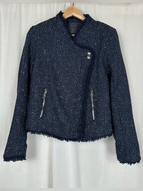 NWT BLANKNYC Spring Tweed Moto Jacket Navy Blue Fringe Trim Evereve Biker Coat M